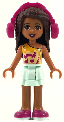 Andrea, Light Aqua Layered Skirt, Bright Light Orange Top with Winged Music Notes, Headphones